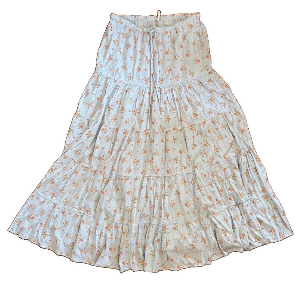 Free People $108 Nova Tiered Maxi Skirt Blue Floral Drawstring Waist Sz L